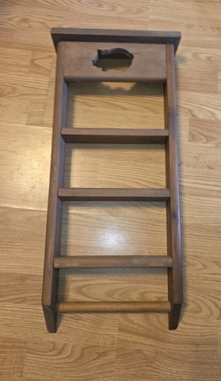Vintage Handmade Pig Cut Out Ladder Shelf W/Towel Holder Farmhouse Country